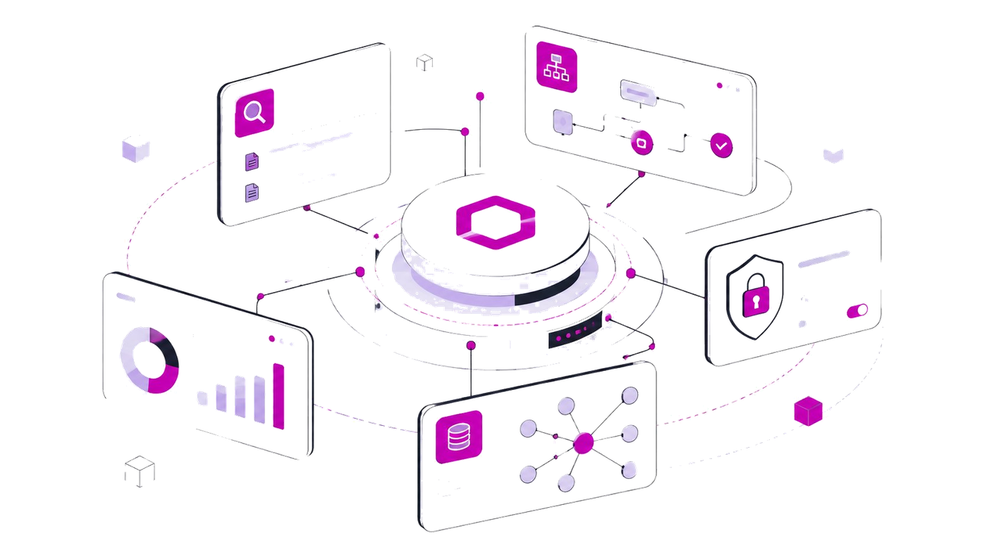 DVLP Studio AI platform — connected vertical AI tools for document search, workflow automation, security, analytics, and knowledge graphs